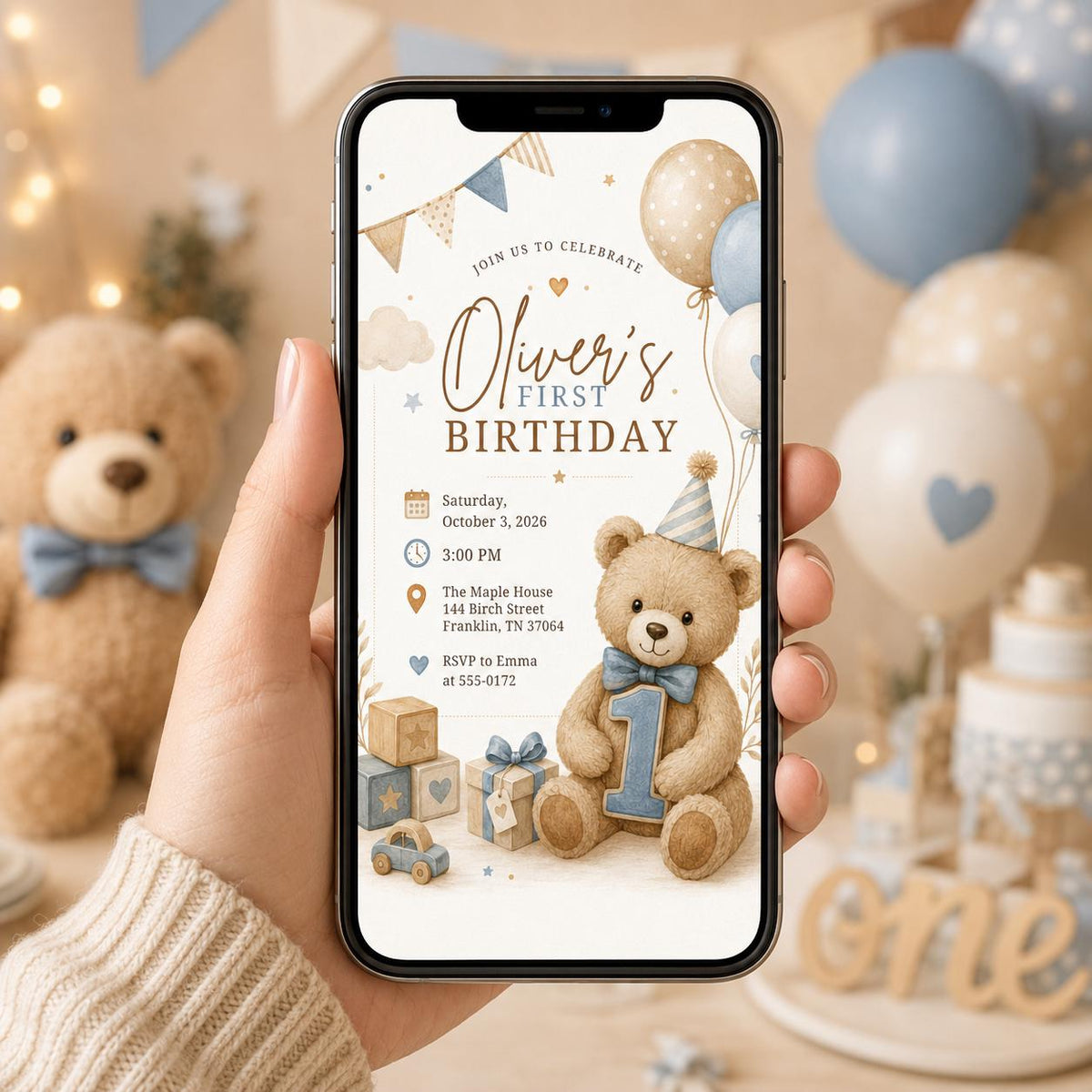 Blue Boho Teddy Bear First Birthday Invitation for Boys — design view 2