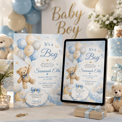 Blue Boy Baby Shower Invitation — balloon and celestial design