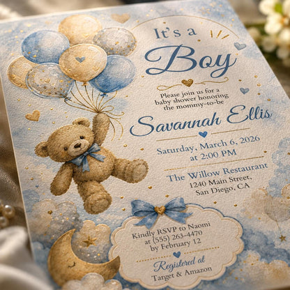 Blue Boy Baby Shower Invitation — invitation you personalize in Canva