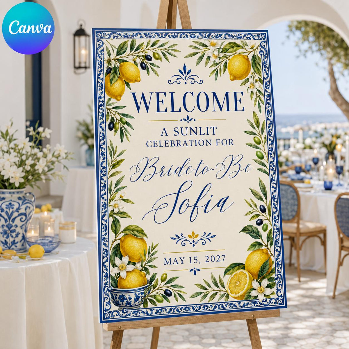 Blue Bridal Shower Welcome Sign — editable Canva template
