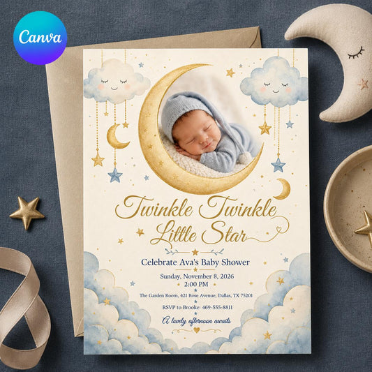 Blue Celestial Twinkle Baby Shower Invitation — editable Canva template