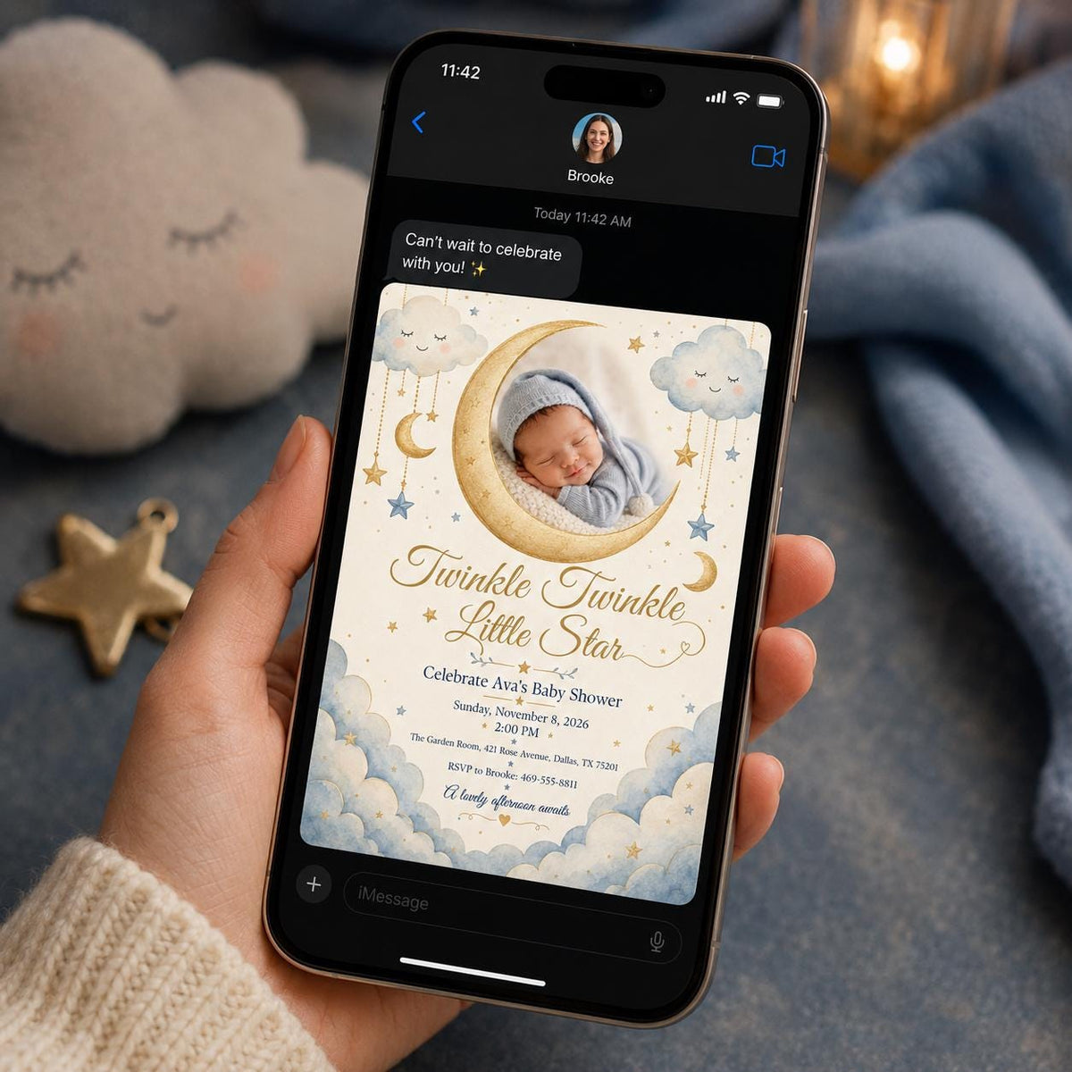 Blue Celestial Twinkle Baby Shower Invitation — invitation you personalize in Canva
