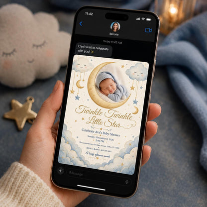 Blue Celestial Twinkle Baby Shower Invitation — invitation you personalize in Canva