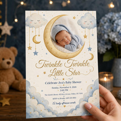 Blue Celestial Twinkle Baby Shower Invitation — print-ready baby shower design from VoltBy