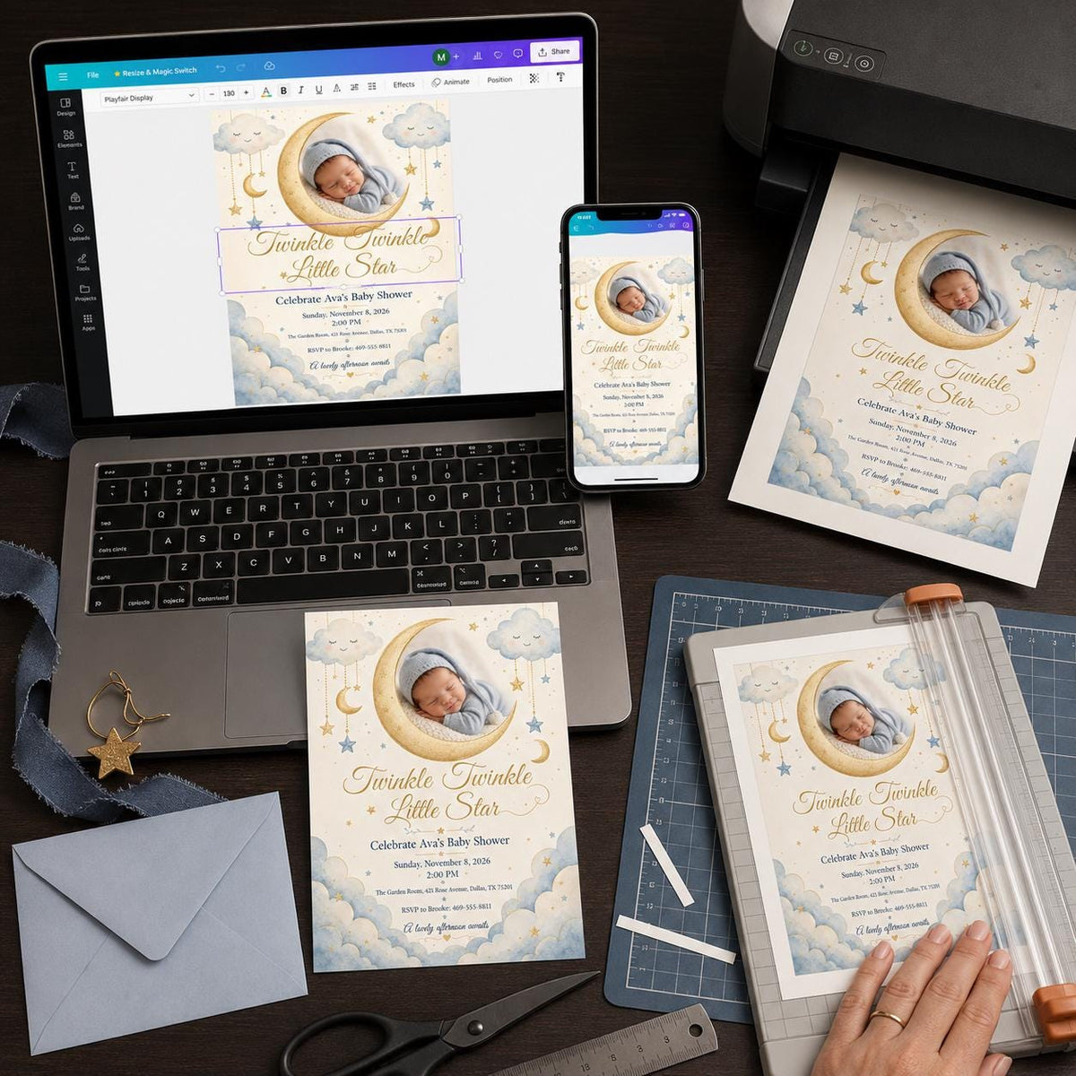 Blue Celestial Twinkle Baby Shower Invitation — digital invitation, instant download