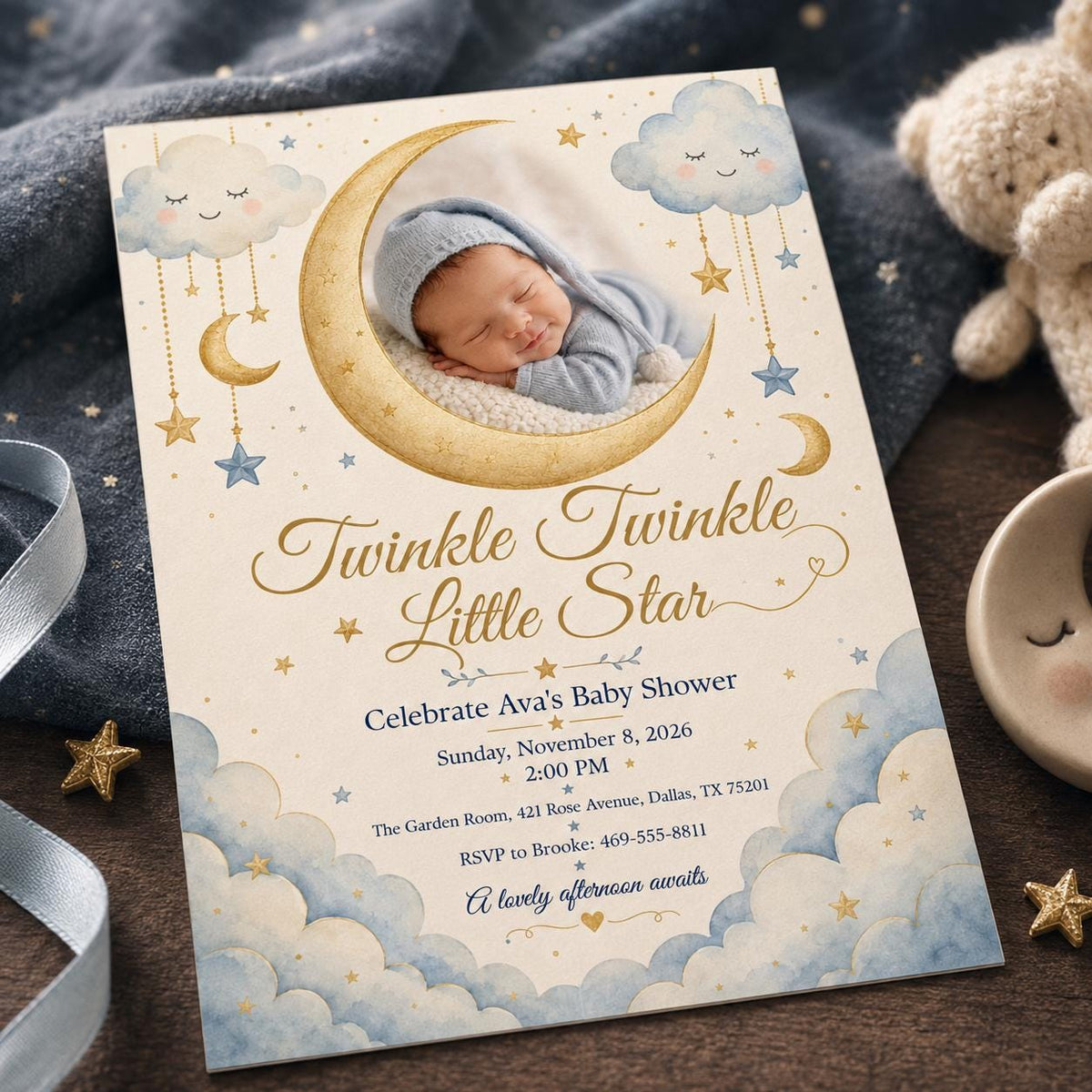 Blue Celestial Twinkle Baby Shower Invitation — baby shower stationery by VoltBy