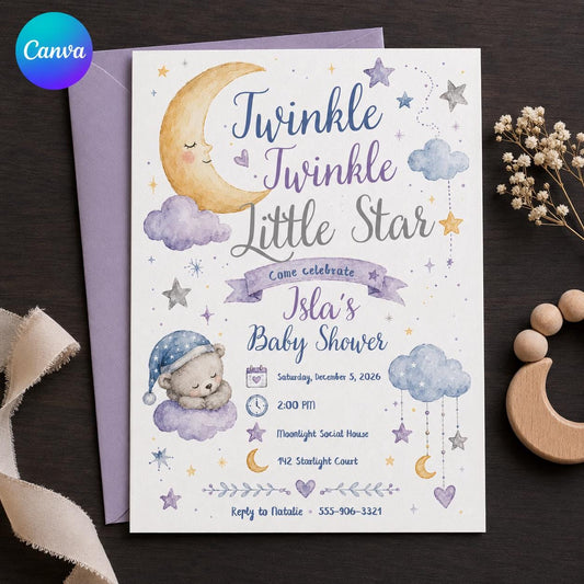 Blue Celestial Twinkle Little Star Baby Shower Invitation for Boys — editable Canva template