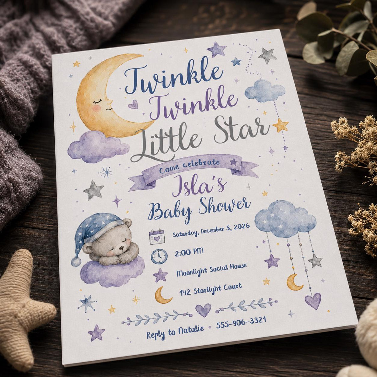 Blue Celestial Twinkle Little Star Baby Shower Invitation for Boys — teddy bear design