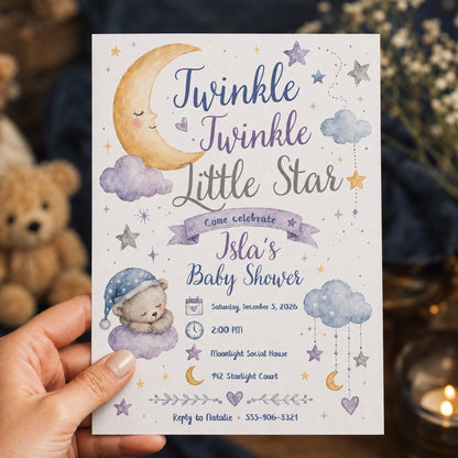 Blue Celestial Twinkle Little Star Baby Shower Invitation for Boys — invitation you personalize in Canva
