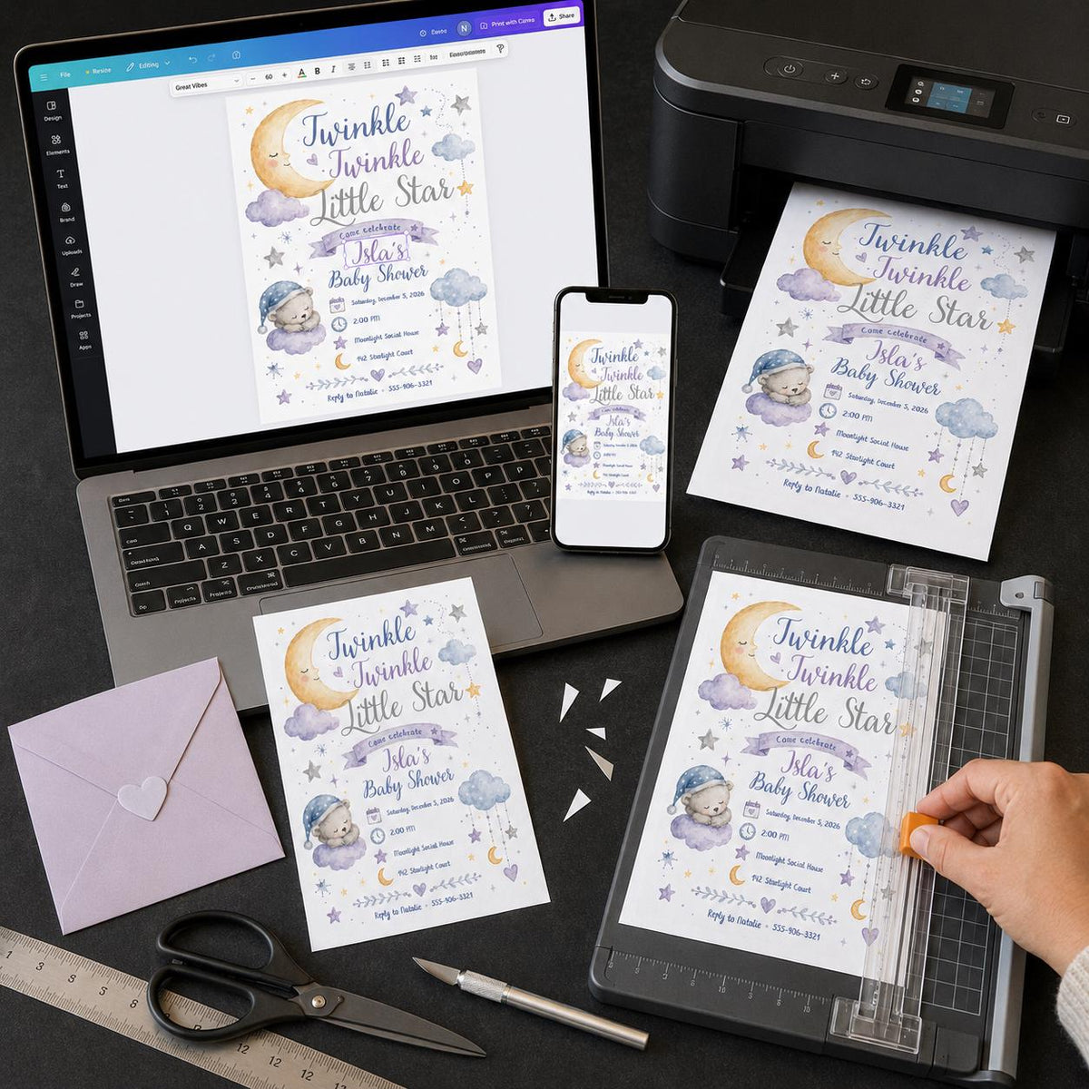 Blue Celestial Twinkle Little Star Baby Shower Invitation for Boys — print-ready baby shower design from VoltBy