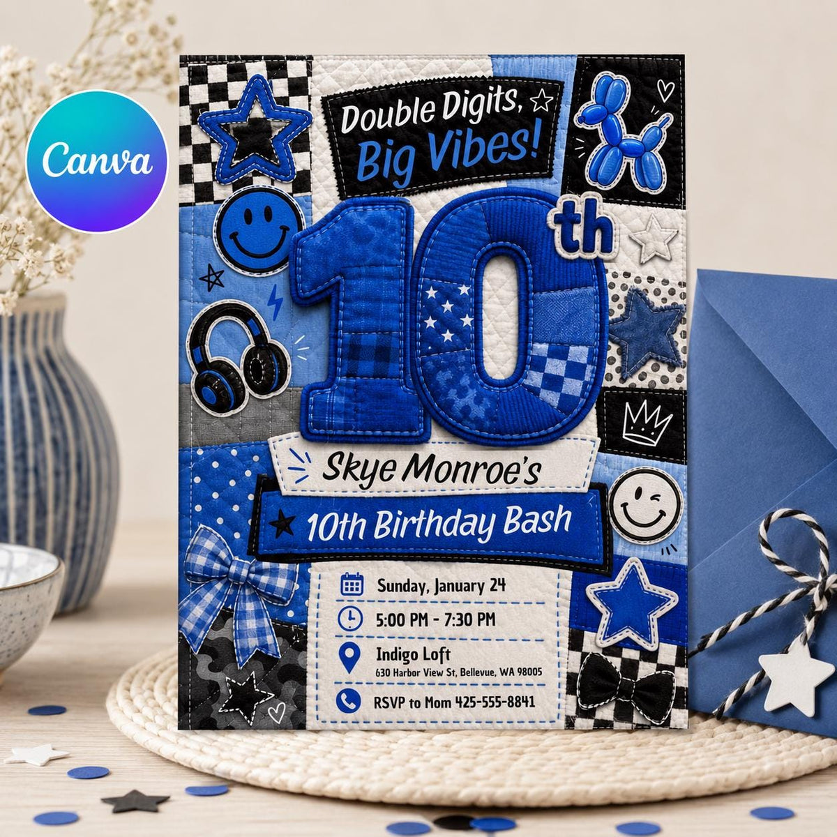 Blue Checkered 10th Birthday Invitation — editable Canva template