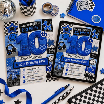 Blue Checkered 10th Birthday Invitation — print-ready 10th birthday party design from VoltBy