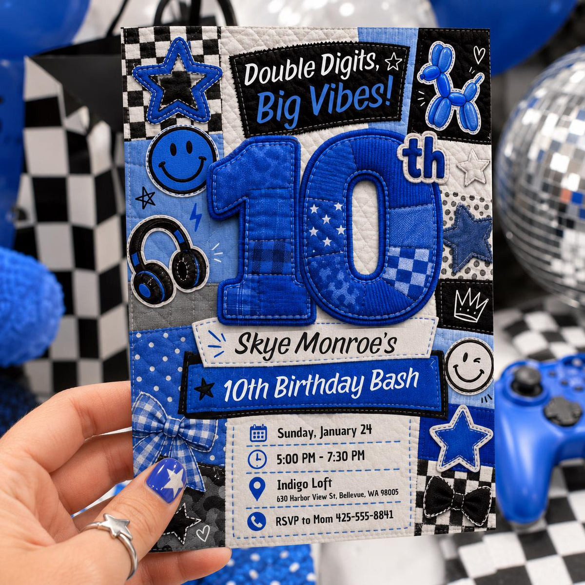 Blue Checkered 10th Birthday Invitation — digital invitation, instant download