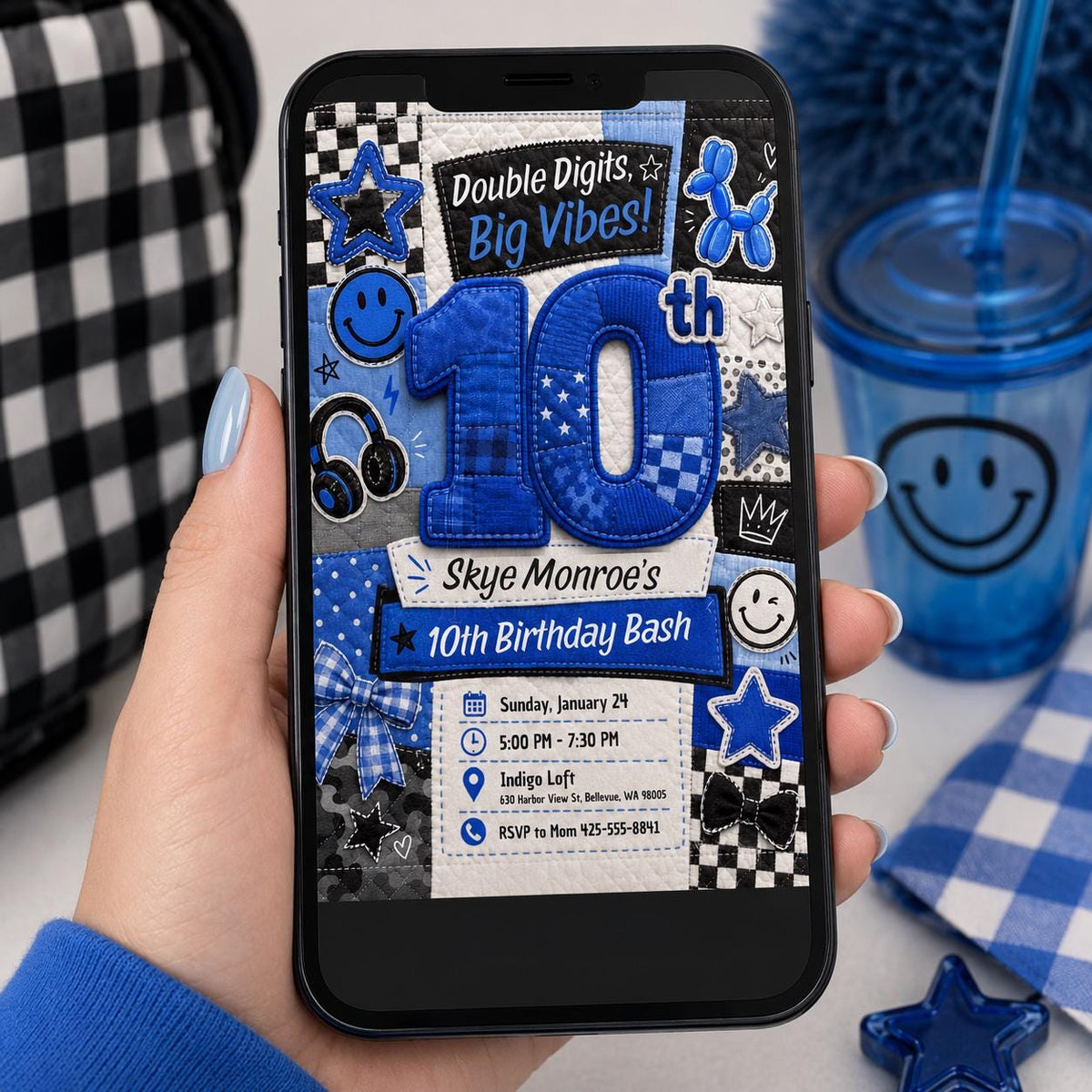 Blue Checkered 10th Birthday Invitation — 10th birthday party stationery by VoltBy