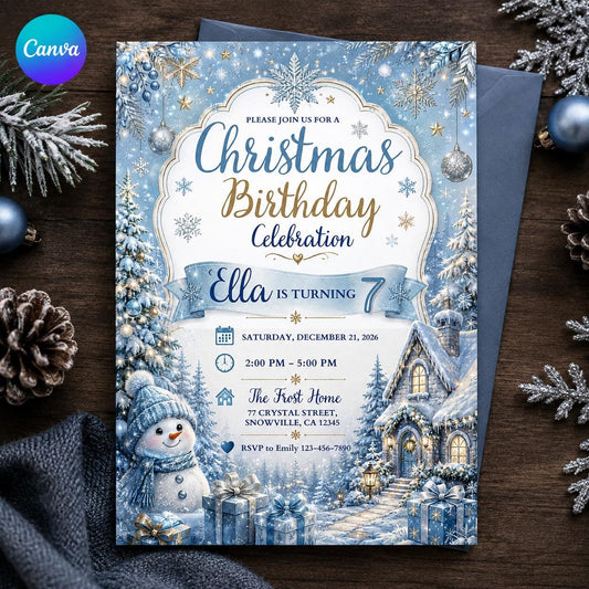Blue Christmas 7th Birthday Invitation for Girls — editable Canva template