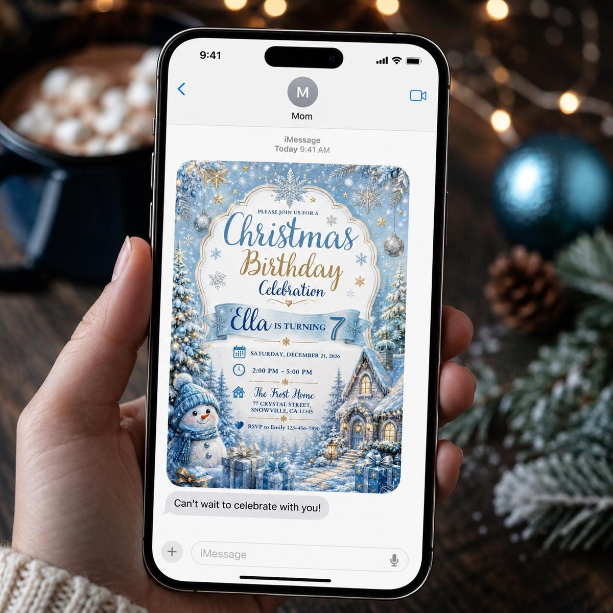 Blue Christmas 7th Birthday Invitation for Girls — snowman design