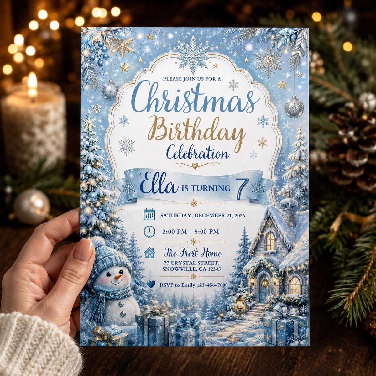 Blue Christmas 7th Birthday Invitation for Girls — invitation you personalize in Canva