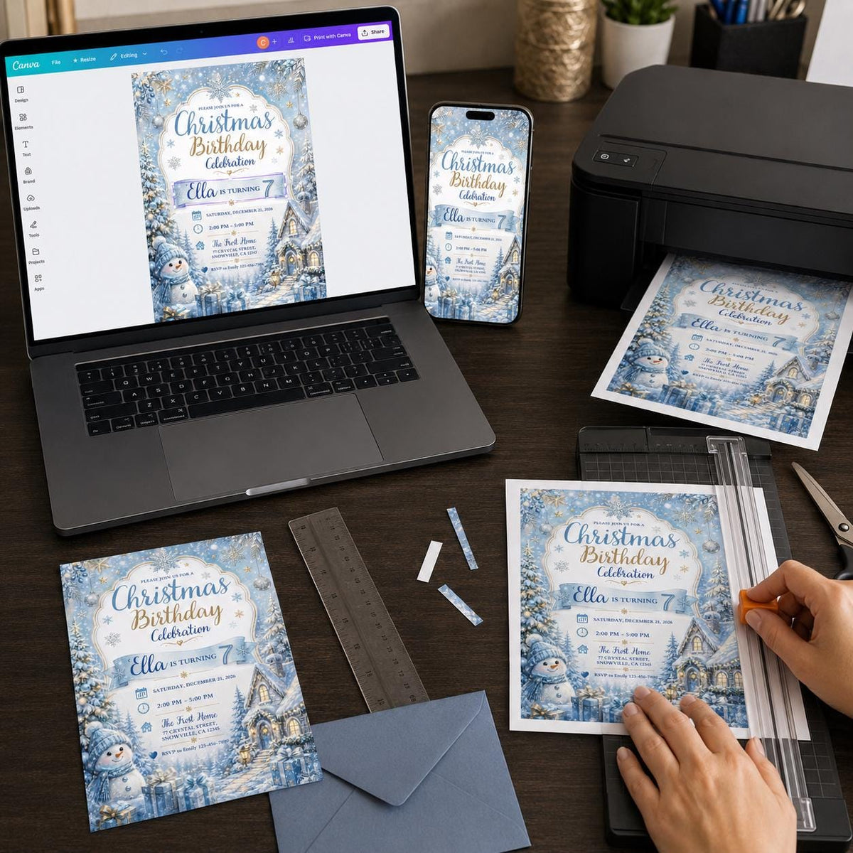 Blue Christmas 7th Birthday Invitation for Girls — print-ready 7th birthday party design from VoltBy