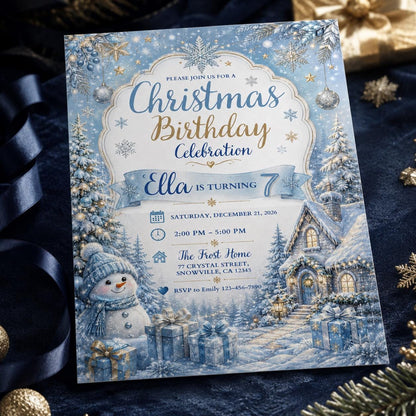 Blue Christmas 7th Birthday Invitation for Girls — digital invitation, instant download