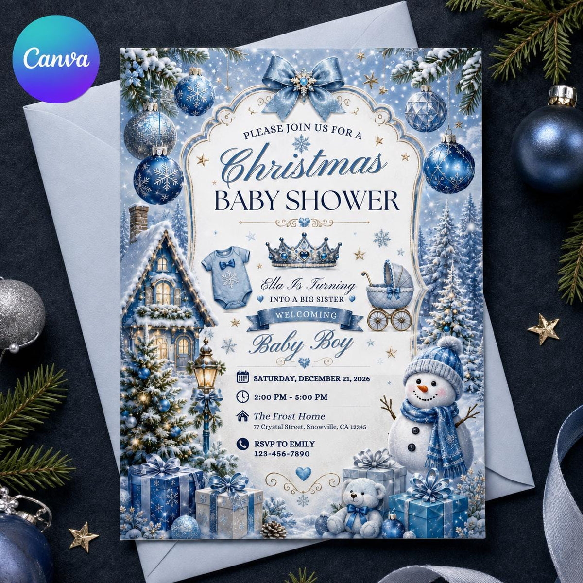 Blue Christmas Baby Shower Invitation: Blue Winter Wonderland Baby Boy — editable Canva template