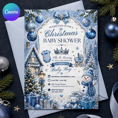 Blue Christmas Baby Shower Invitation: Blue Winter Wonderland Baby Boy — editable Canva template