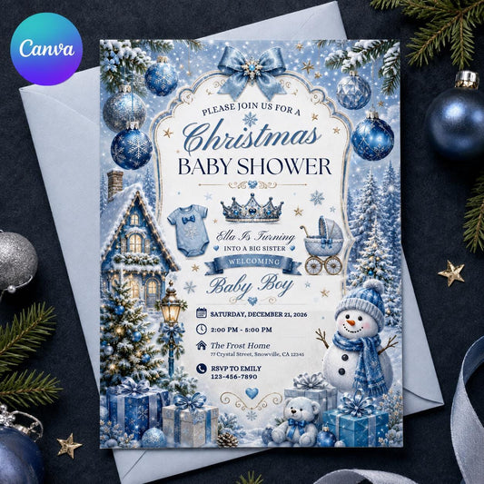 Blue Christmas Baby Shower Invitation: Blue Winter Wonderland Baby Boy — editable Canva template