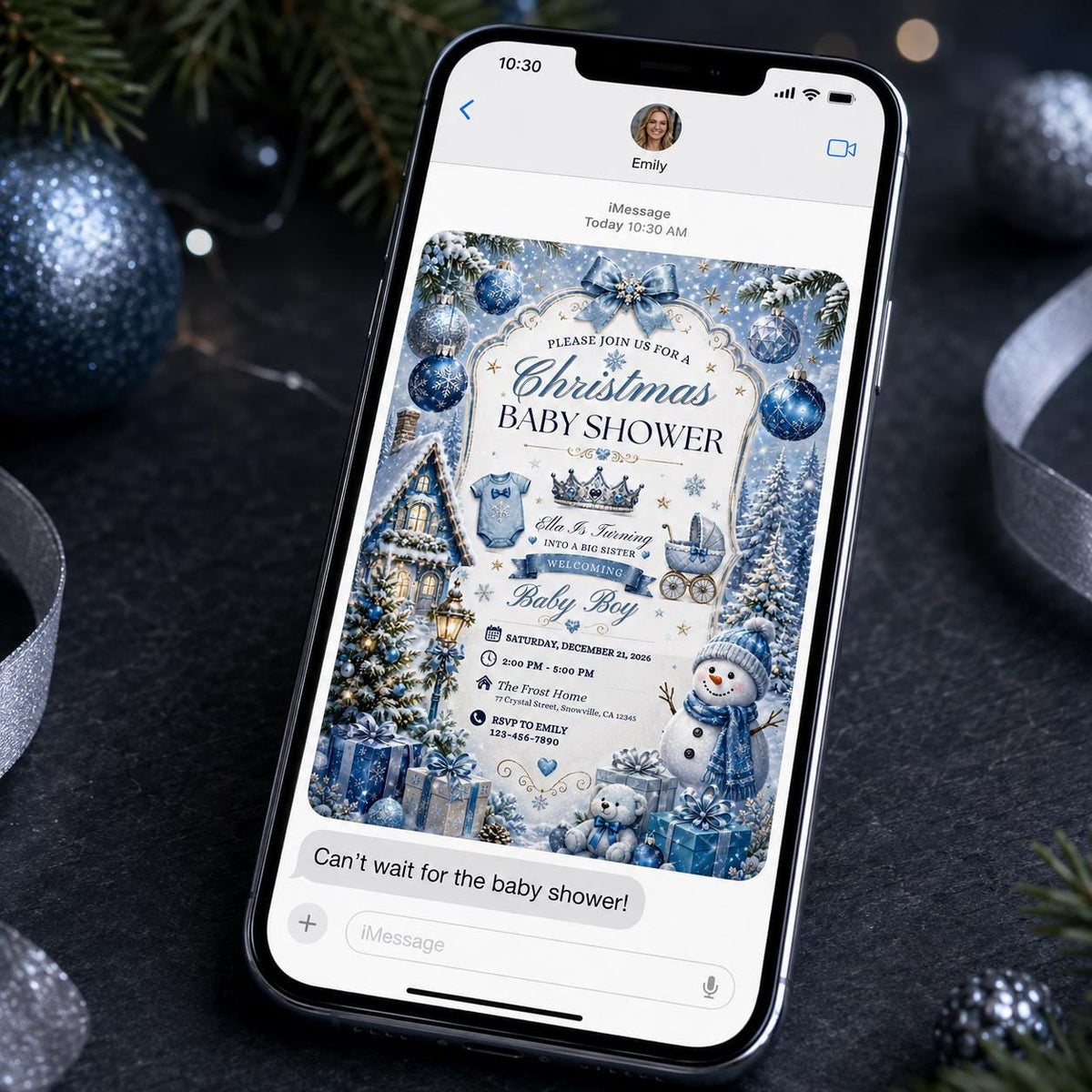Blue Christmas Baby Shower Invitation: Blue Winter Wonderland Baby Boy — snowflake design