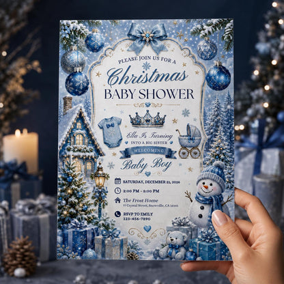 Blue Christmas Baby Shower Invitation: Blue Winter Wonderland Baby Boy — invitation you personalize in Canva