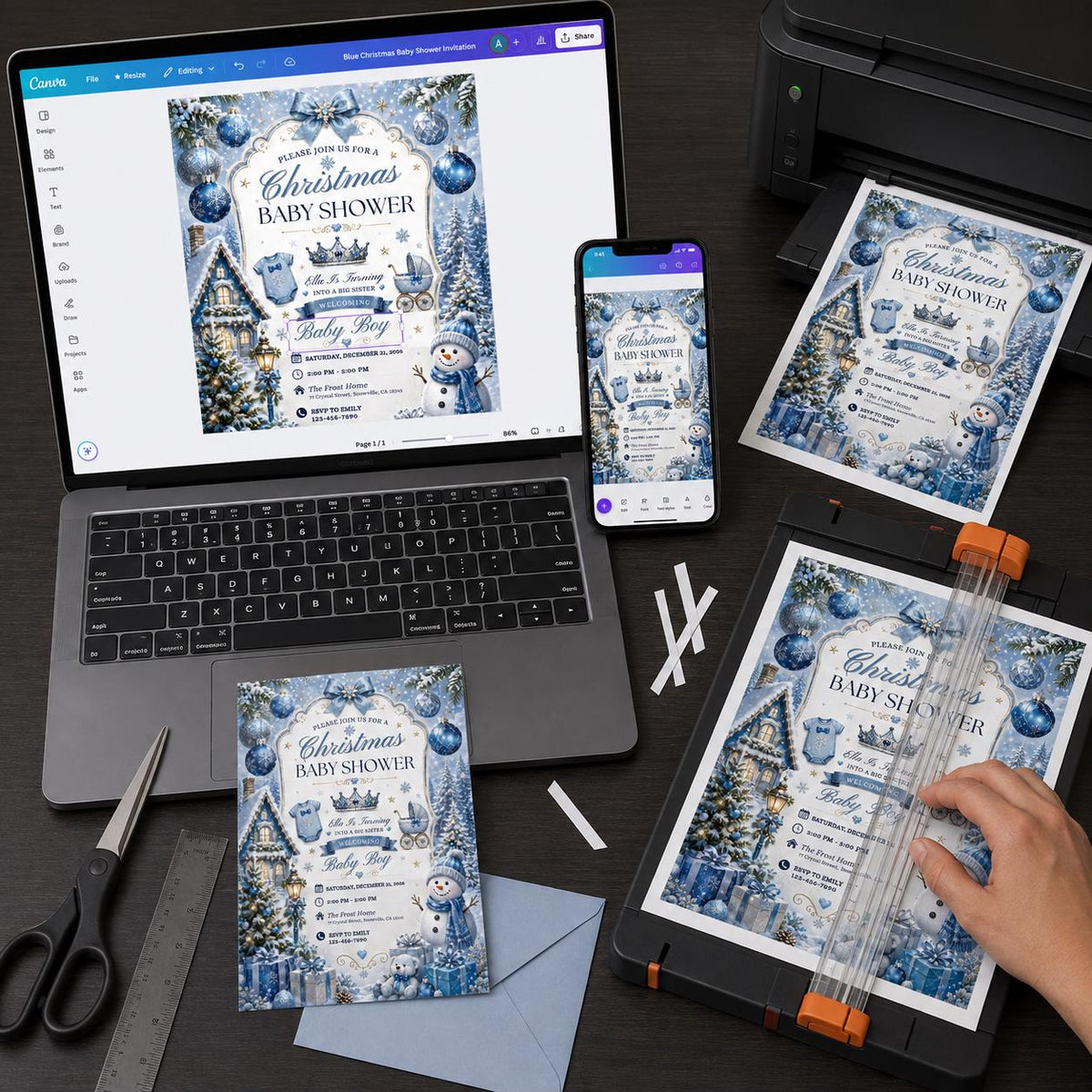 Blue Christmas Baby Shower Invitation: Blue Winter Wonderland Baby Boy — print-ready baby shower design from VoltBy