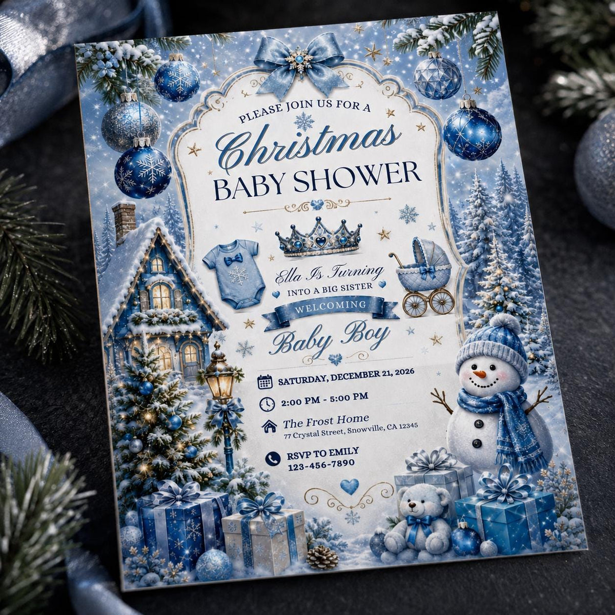 Blue Christmas Baby Shower Invitation: Blue Winter Wonderland Baby Boy — digital invitation, instant download