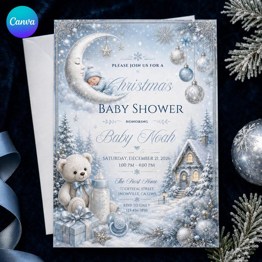 Blue Christmas Baby Shower Invitation: Blue Winter Wonderland Boy Shower — editable Canva template
