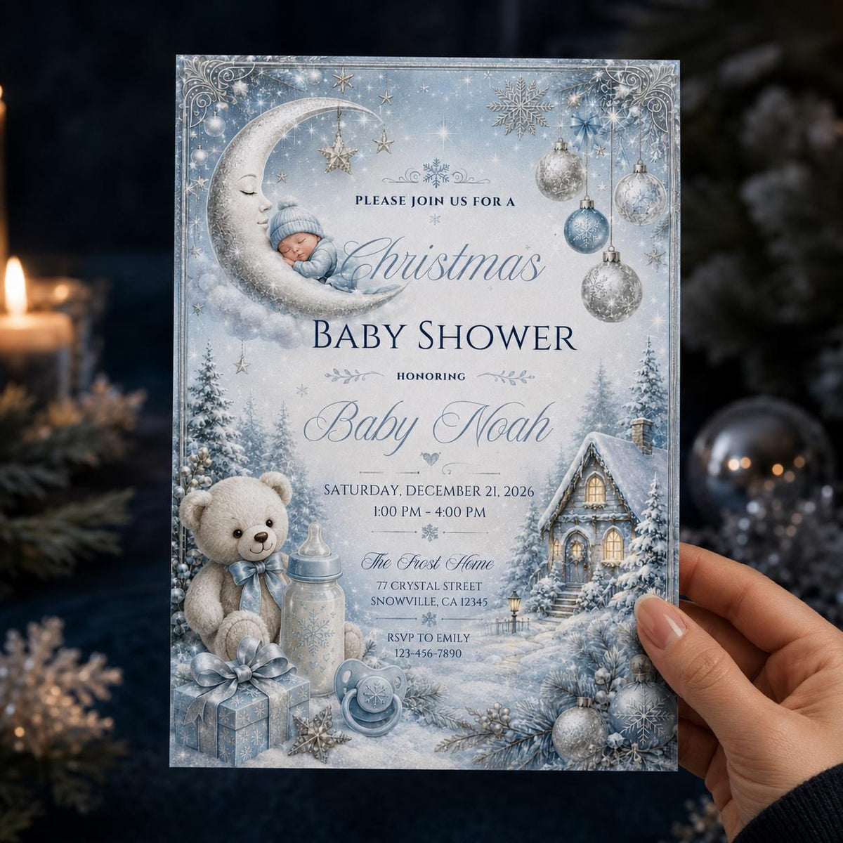 Blue Christmas Baby Shower Invitation: Blue Winter Wonderland Boy Shower — invitation you personalize in Canva