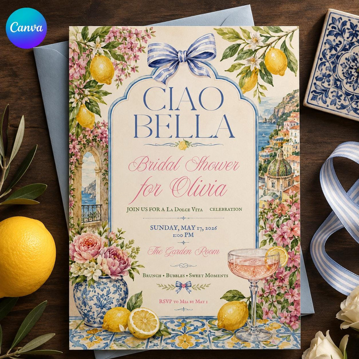 Blue Ciao Bella Bridal Shower Invitation — editable Canva template