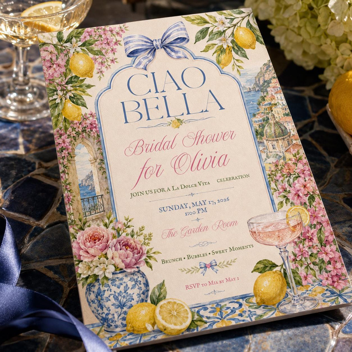 Blue Ciao Bella Bridal Shower Invitation — garden and lemon design