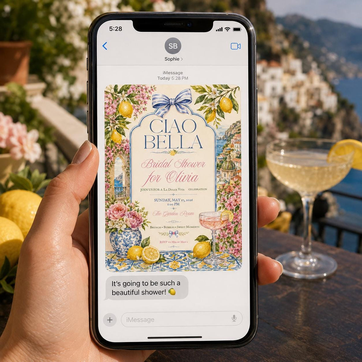 Blue Ciao Bella Bridal Shower Invitation — invitation you personalize in Canva