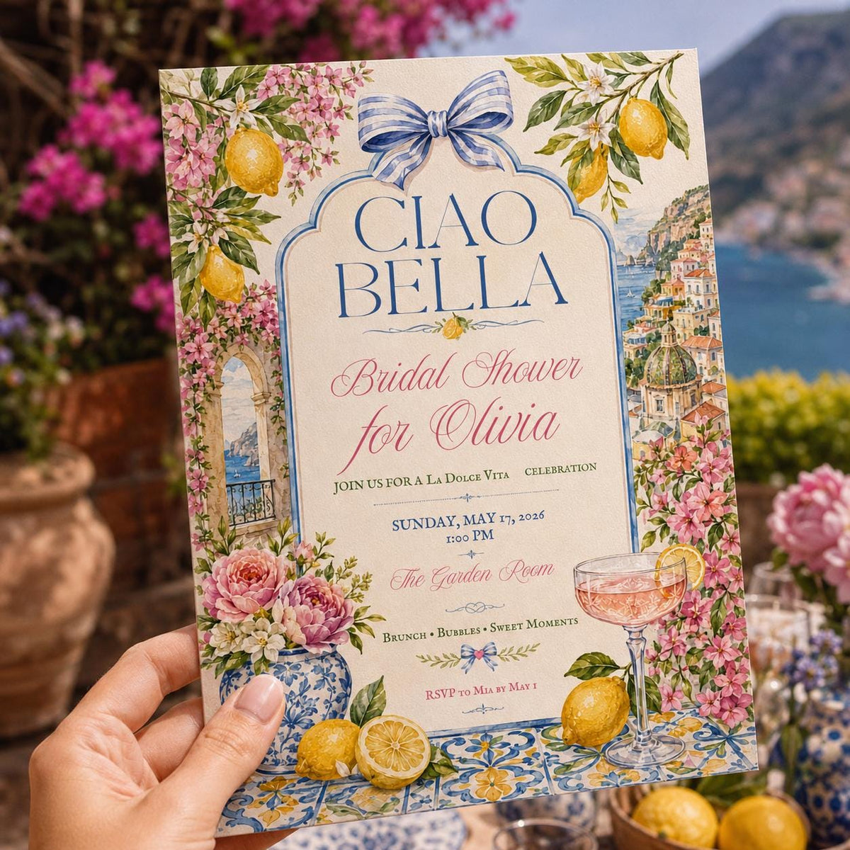 Blue Ciao Bella Bridal Shower Invitation — print-ready bridal shower design from VoltBy
