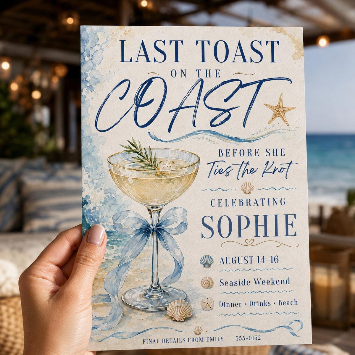 Blue Coastal Bachelorette Invitation — invitation you personalize in Canva