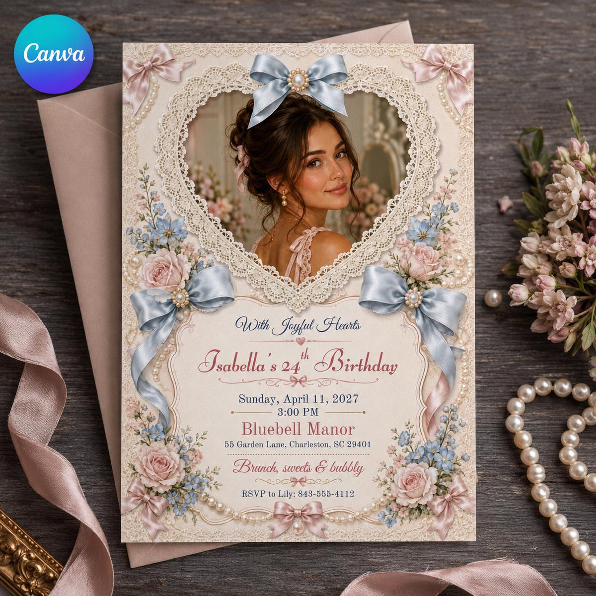 Blue Coquette 24th Birthday Invitation — editable Canva template