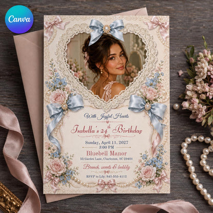 Blue Coquette 24th Birthday Invitation — editable Canva template