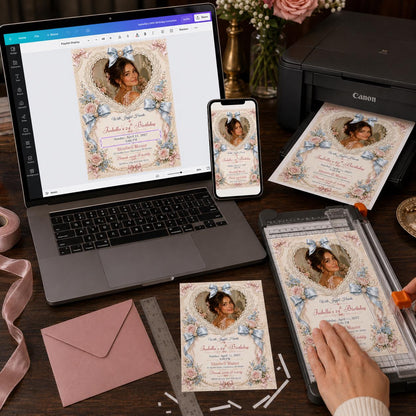 Blue Coquette 24th Birthday Invitation — bow and floral design