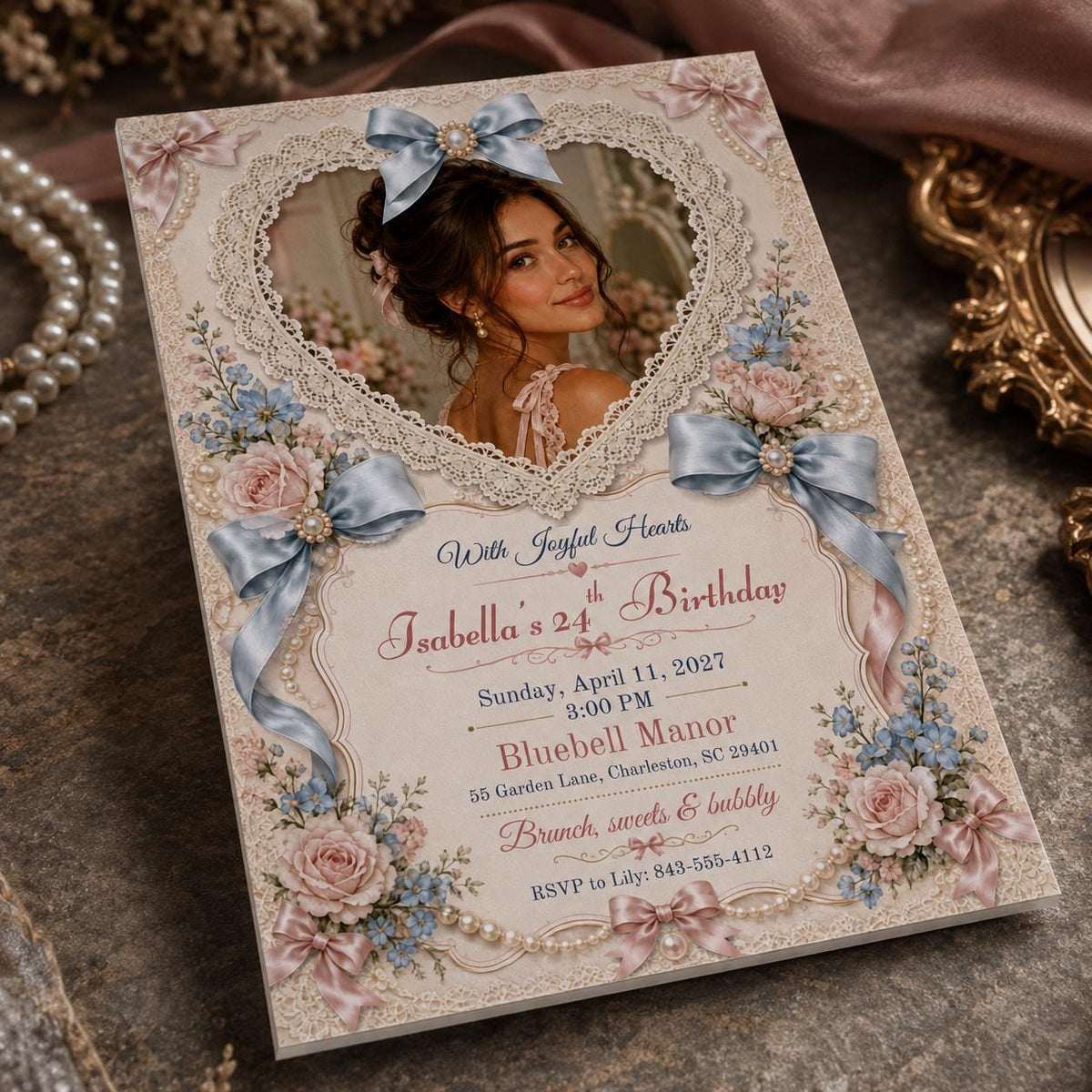 Blue Coquette 24th Birthday Invitation — invitation you personalize in Canva