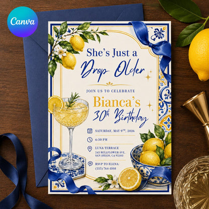 Blue Coquette 30th Birthday Invitation for Her — editable Canva template