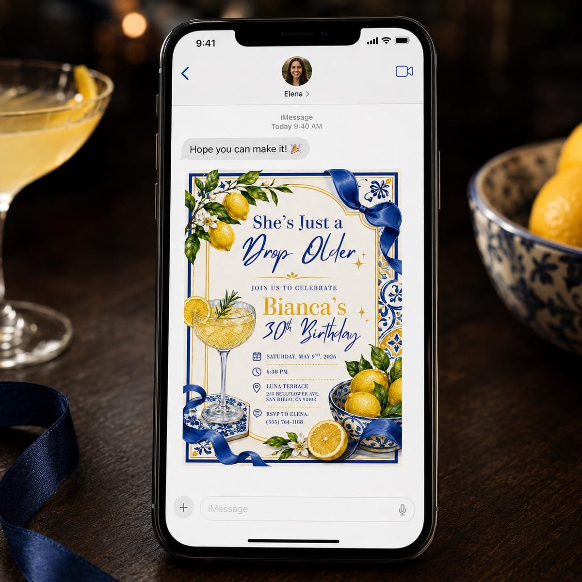 Blue Coquette 30th Birthday Invitation for Her — bow and cocktail design