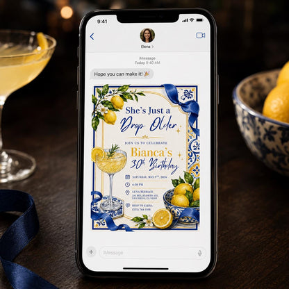 Blue Coquette 30th Birthday Invitation for Her — bow and cocktail design