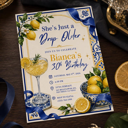 Blue Coquette 30th Birthday Invitation for Her — digital invitation, instant download