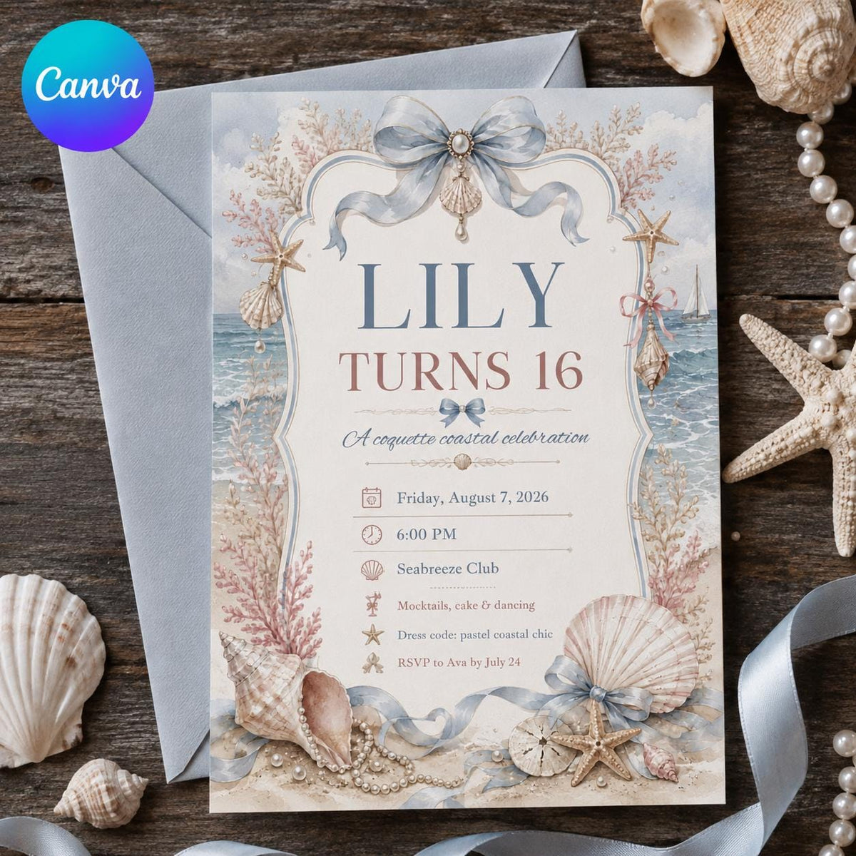 Blue Coquette Coastal Sweet 16 Invitation for Girls — editable Canva template
