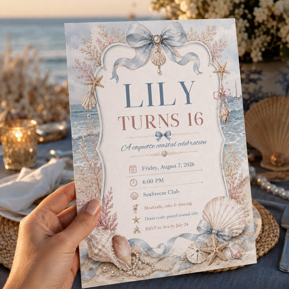 Blue Coquette Coastal Sweet 16 Invitation for Girls — beach and bow design