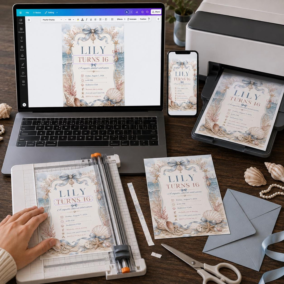 Blue Coquette Coastal Sweet 16 Invitation for Girls — invitation you personalize in Canva