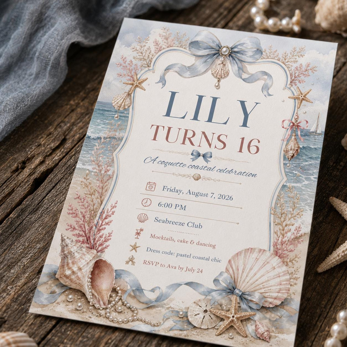 Blue Coquette Coastal Sweet 16 Invitation for Girls — print-ready sweet 16 design from VoltBy