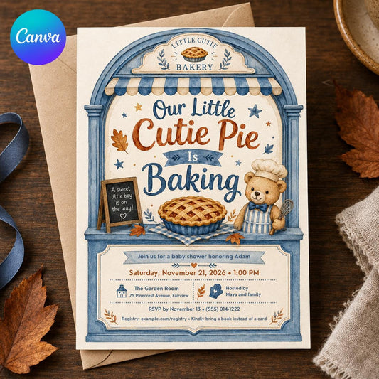 Blue Cutie Pie Baby Shower Invitation for Boys — editable Canva template